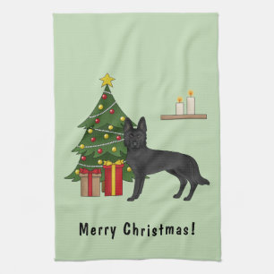 Black German Shepherd And Festive Christmas Tree Tea Towel