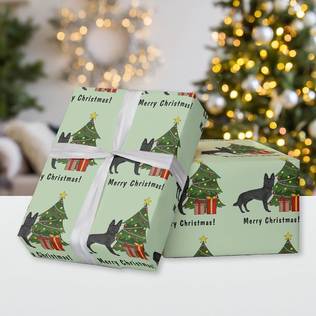 Black German Shepherd And Festive Christmas Tree Wrapping Paper (Creator Uploaded)
