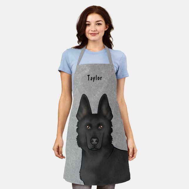 Black German Shepherd Cute Dog Head And Name Grey Apron (Worn)