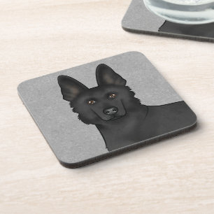 Black German Shepherd Cute Dog Head Close-Up Grey Coaster