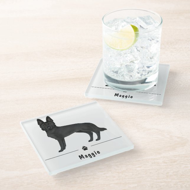 Black German Shepherd Dog And Paw With Custom Name Glass Coaster (Angled)