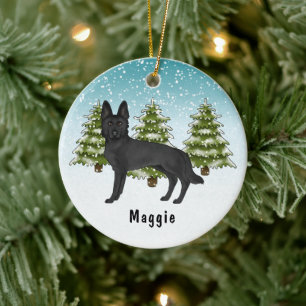 Black German Shepherd Dog Christmas Winter Forest Ceramic Ornament