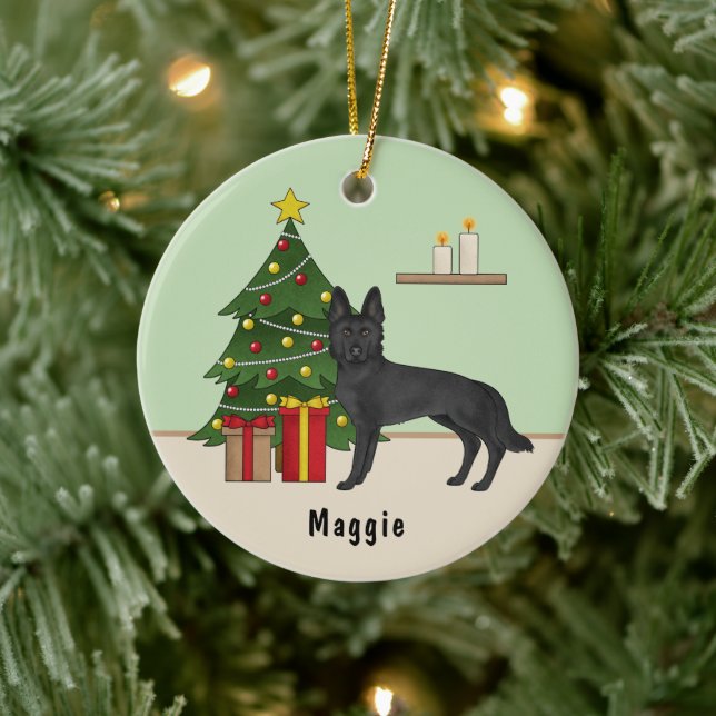 Black German Shepherd Dog Festive Christmas Tree Ceramic Ornament (Tree)