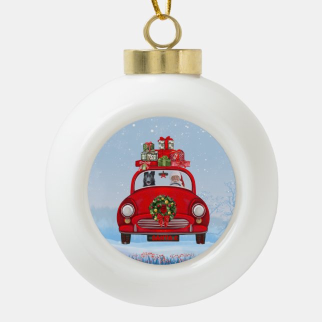 Black German Shepherd Dog In Car With Santa Claus  Ceramic Ball Christmas Ornament (Front)
