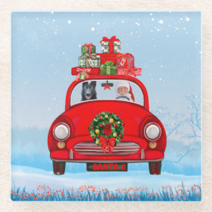 Black German Shepherd Dog In Car With Santa Claus  Glass Coaster