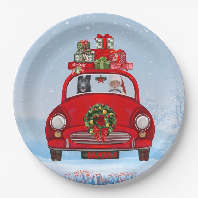 Black German Shepherd Dog In Car With Santa Claus  Paper Plate (Front)