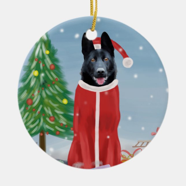 Black German Shepherd Dog in Snow Christmas Gifts  Ceramic Ornament (Front)
