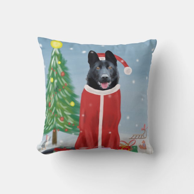 Black German Shepherd Dog in Snow Christmas Gifts Cushion (Front)