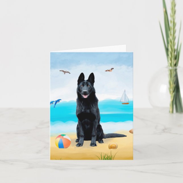 Black German Shepherd Dog on Beach Card (Front)