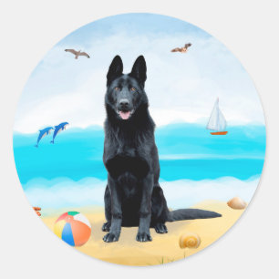 Black German Shepherd Dog on Beach Classic Round Sticker
