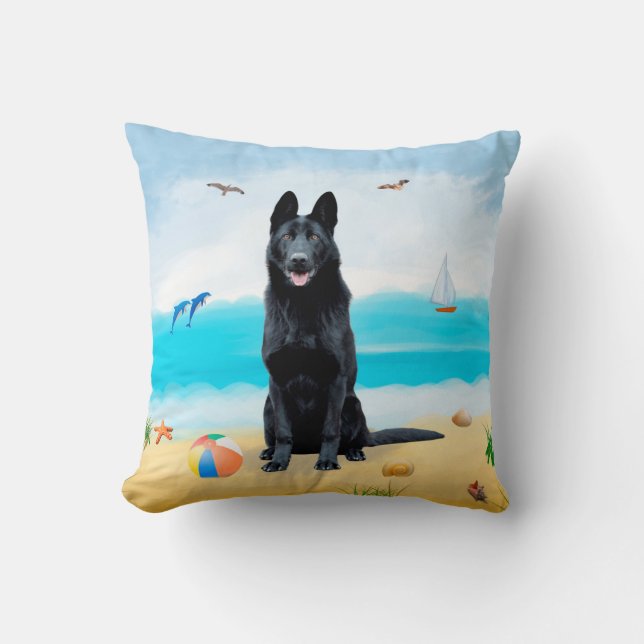  Black German Shepherd Dog on Beach  Cushion (Front)
