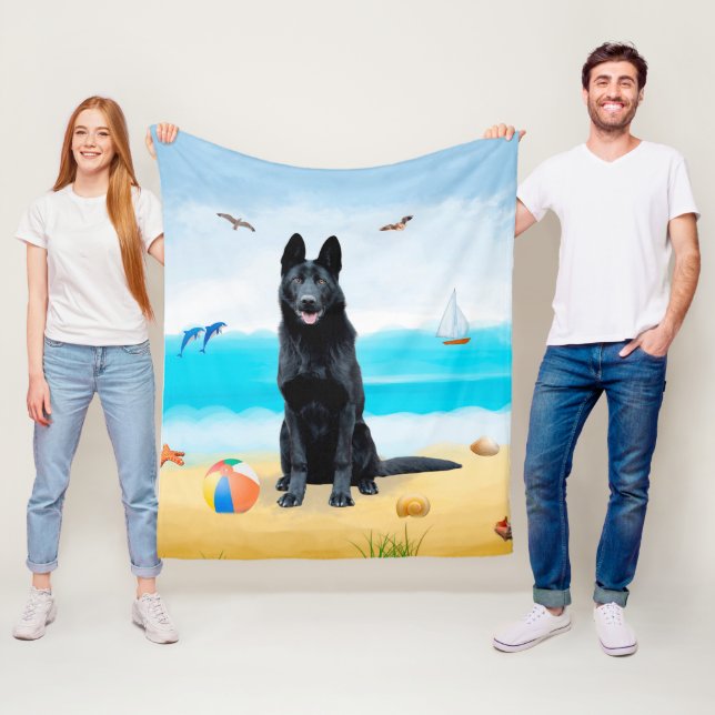 Black German Shepherd Dog on Beach Fleece Blanket (In Situ)