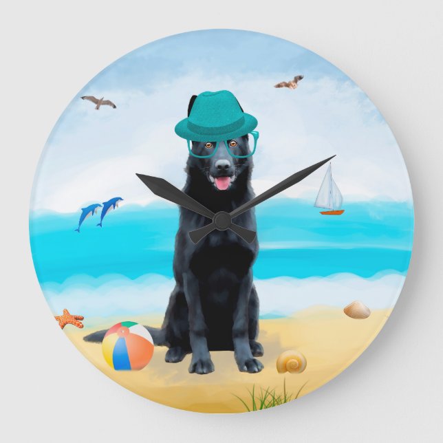 Black German Shepherd Dog on Beach Large Clock (Front)