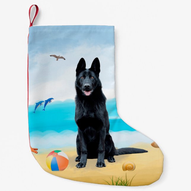 Black German Shepherd Dog on Beach  Small Christmas Stocking (Front)