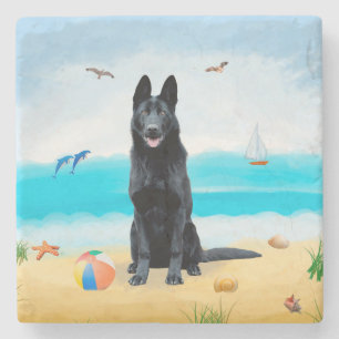 Black German Shepherd Dog on Beach Stone Coaster