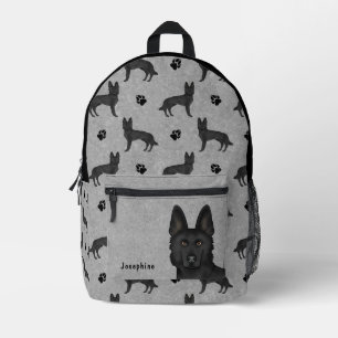Black German Shepherd Dog Pattern With Name Grey Printed Backpack