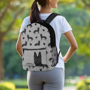 Black German Shepherd Dog Pattern With Name Grey Printed Backpack
