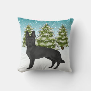 Black German Shepherd Dog Snowy Time Winter Forest Cushion