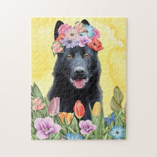 Black German Shepherd Dog with Flowers Spring Jigsaw Puzzle (Vertical)