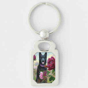 Black German Shepherd in Rose Garden ART Key Ring