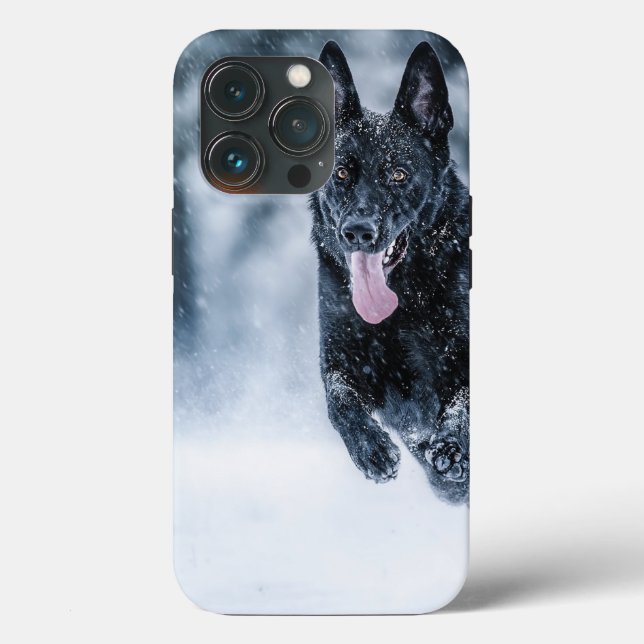 Black German Shepherd in snow Duvet Cover (Back)