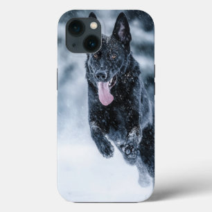 Black German Shepherd in snow Duvet Cover