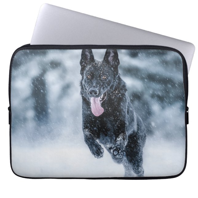 Black German Shepherd in snow Duvet Cover (Front)
