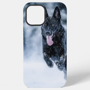 Black German Shepherd in snow Duvet Cover