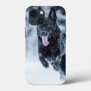 Black German Shepherd in snow Duvet Cover