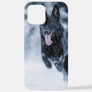 Black German Shepherd in snow Duvet Cover