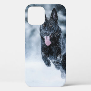 Black German Shepherd in snow Duvet Cover