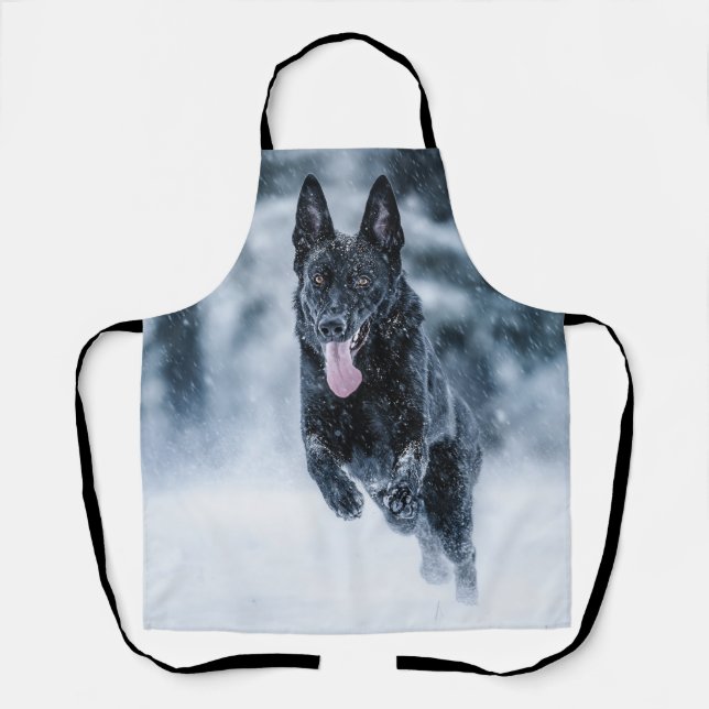 Black German Shepherd in snow Duvet Cover Apron (Front)