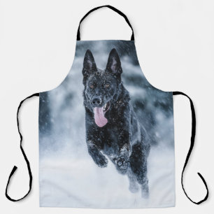 Black German Shepherd in snow Duvet Cover Apron