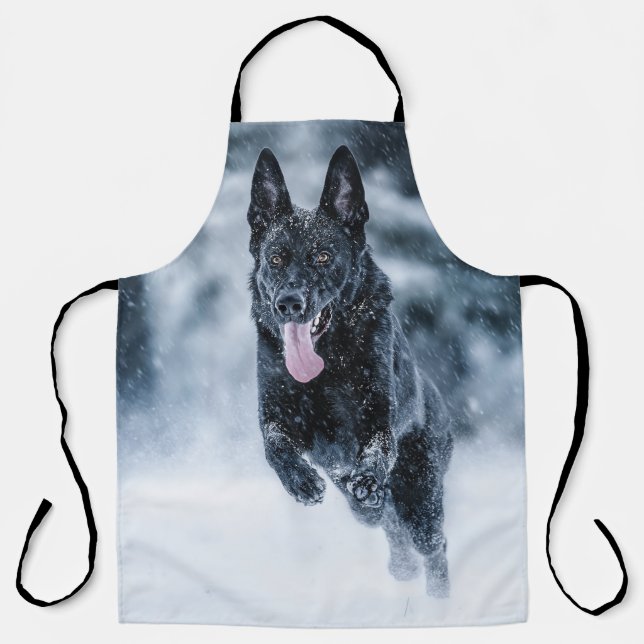 Black German Shepherd in snow Duvet Cover Apron (Front)