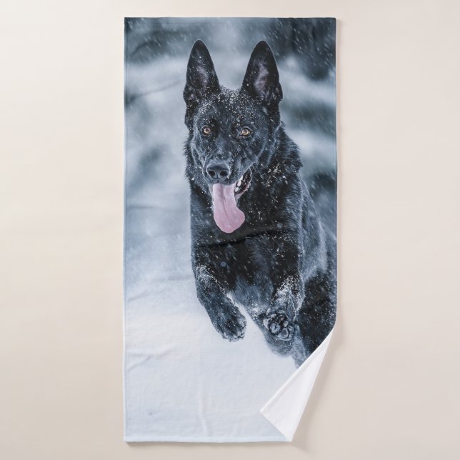 Black German Shepherd in snow Duvet Cover Bath Towel (Bath Towel)