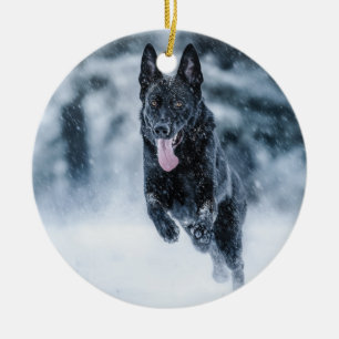 Black German Shepherd in snow Duvet Cover Ceramic Ornament