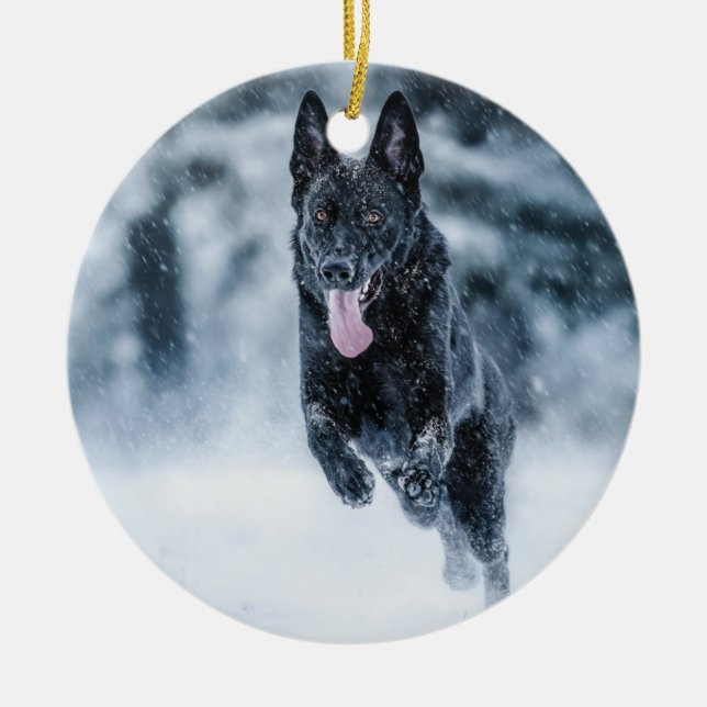 Black German Shepherd in snow Duvet Cover Ceramic Ornament (Front)