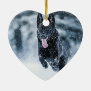 Black German Shepherd in snow Duvet Cover Ceramic Ornament