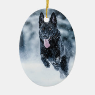 Black German Shepherd in snow Duvet Cover Ceramic Ornament