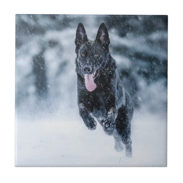 Black German Shepherd in snow Duvet Cover Ceramic Tile (Front)