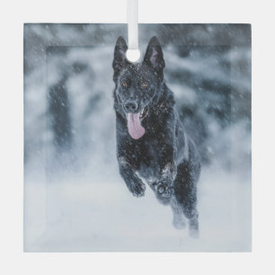 Black German Shepherd in snow Duvet Cover Glass Tree Decoration