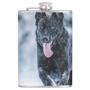 Black German Shepherd in snow Duvet Cover Hip Flask