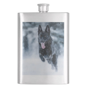 Black German Shepherd in snow Duvet Cover Hip Flask
