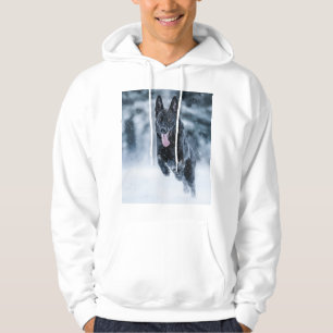 Black German Shepherd in snow Duvet Cover Hoodie