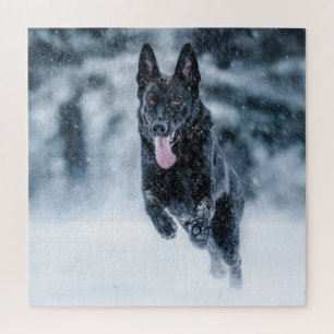 Black German Shepherd in snow Duvet Cover Jigsaw Puzzle