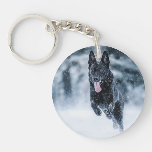 Black German Shepherd in snow Duvet Cover Key Ring (Front)