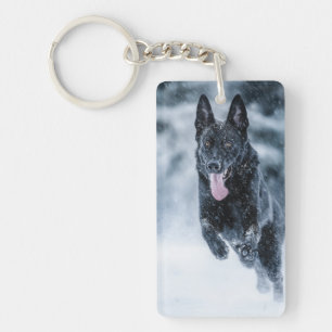 Black German Shepherd in snow Duvet Cover Key Ring