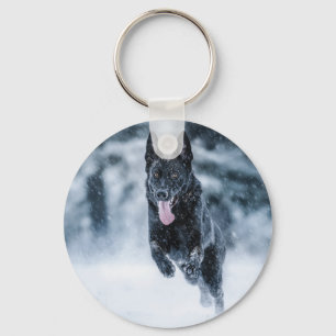 Black German Shepherd in snow Duvet Cover Key Ring
