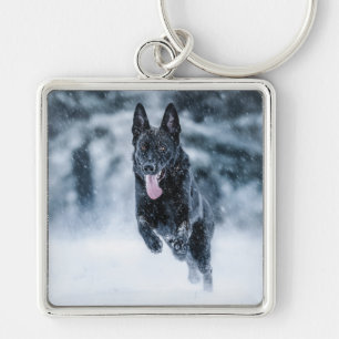 Black German Shepherd in snow Duvet Cover Key Ring