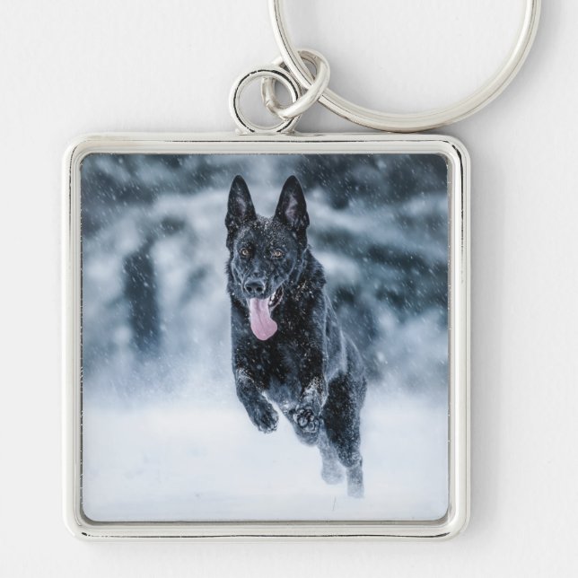 Black German Shepherd in snow Duvet Cover Key Ring (Front)